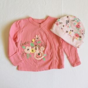 gerber 2-piece floral kimono long sleeve top with mitts & matching hat 3 months